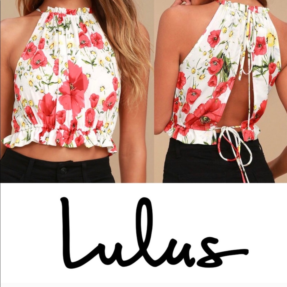 NWOT Lulus Nostalgia White & Red Floral Print Top